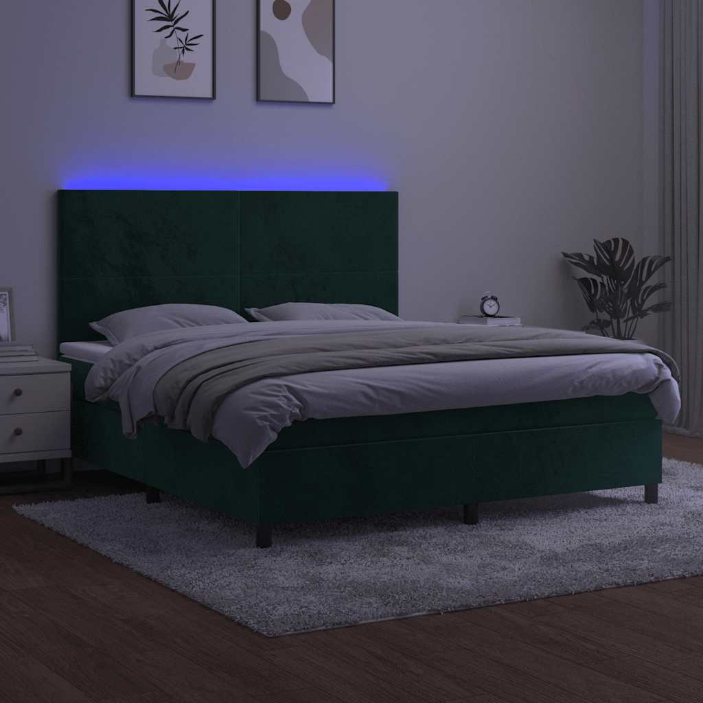 Krevet box spring s madracem LED tamnozeleni 180x200 cm baršun