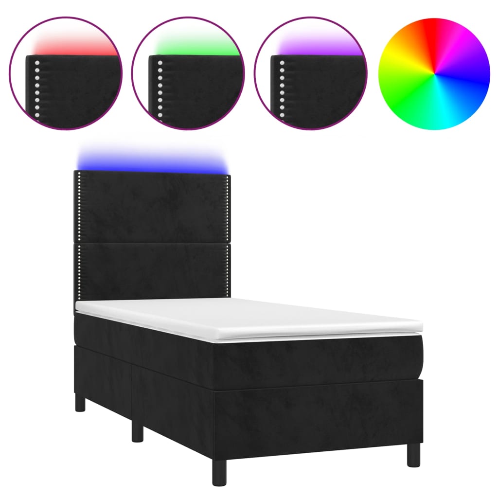 Krevet box spring s madracem LED crni 90x200 cm baršun