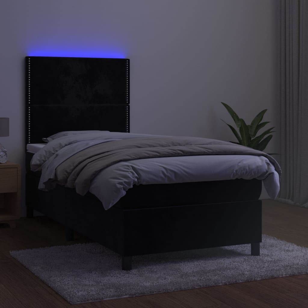 Krevet box spring s madracem LED crni 90x200 cm baršun