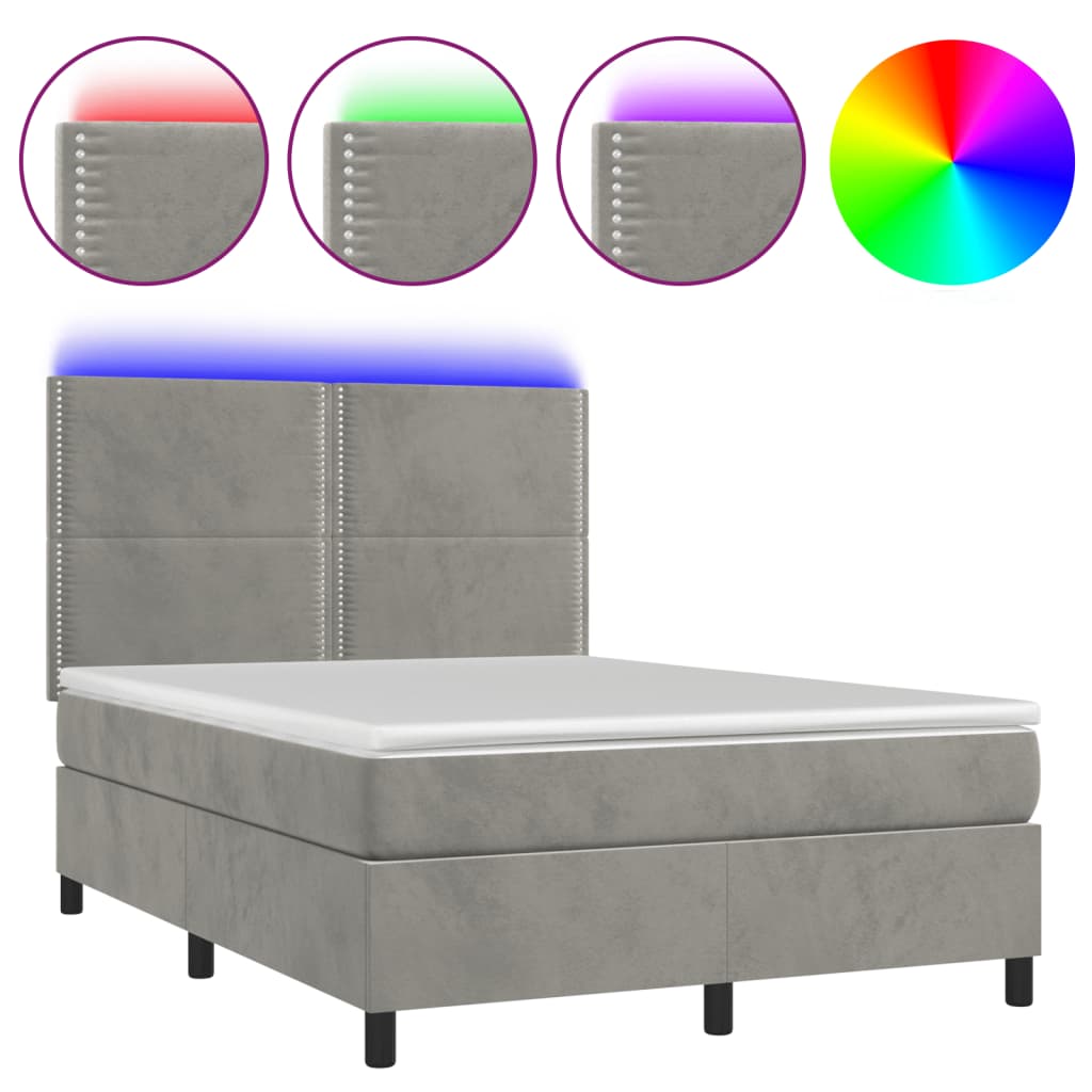 Krevet box spring s madracem LED svjetlosivi 140x190 cm baršun