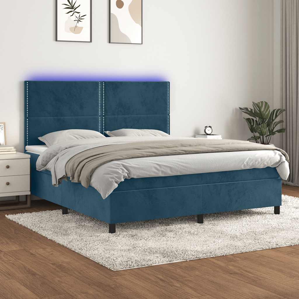 Krevet box spring s madracem LED tamnoplavi 160x200 cm baršun