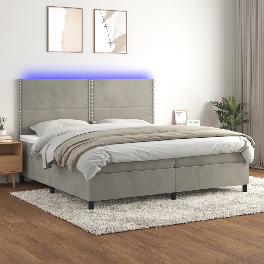 Krevet box spring s madracem LED svjetlosivi 200x200 cm baršun