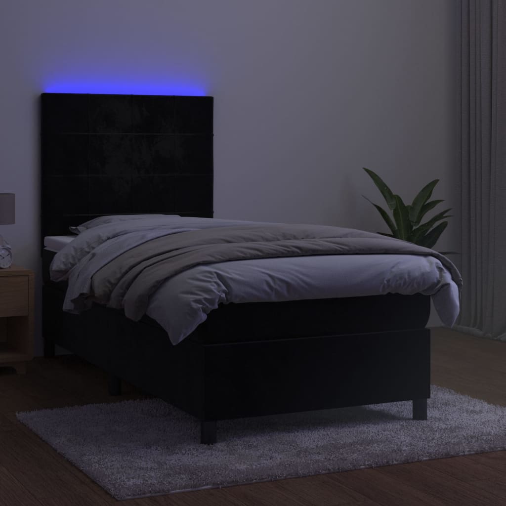 Krevet box spring s madracem LED crni 90x190 cm baršun