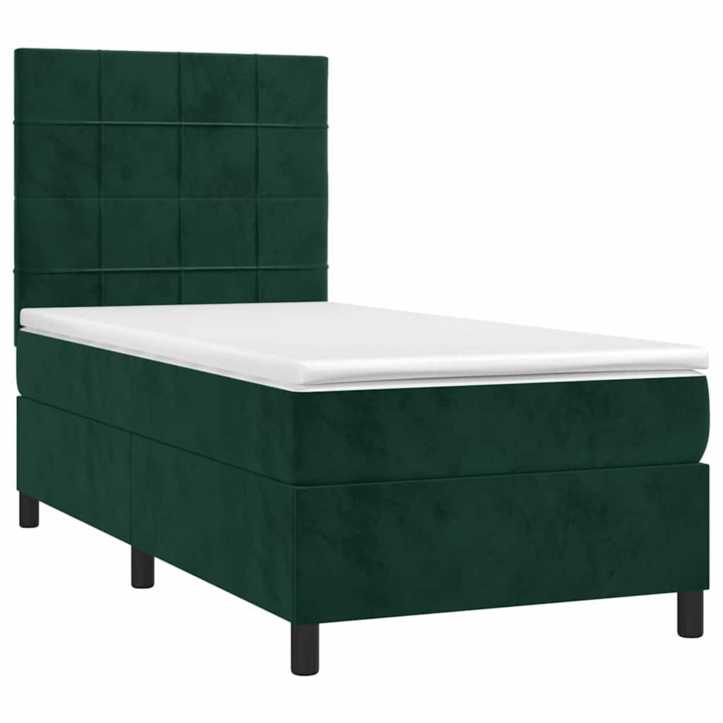 Krevet box spring s madracem LED tamnozeleni 90x190 cm baršun