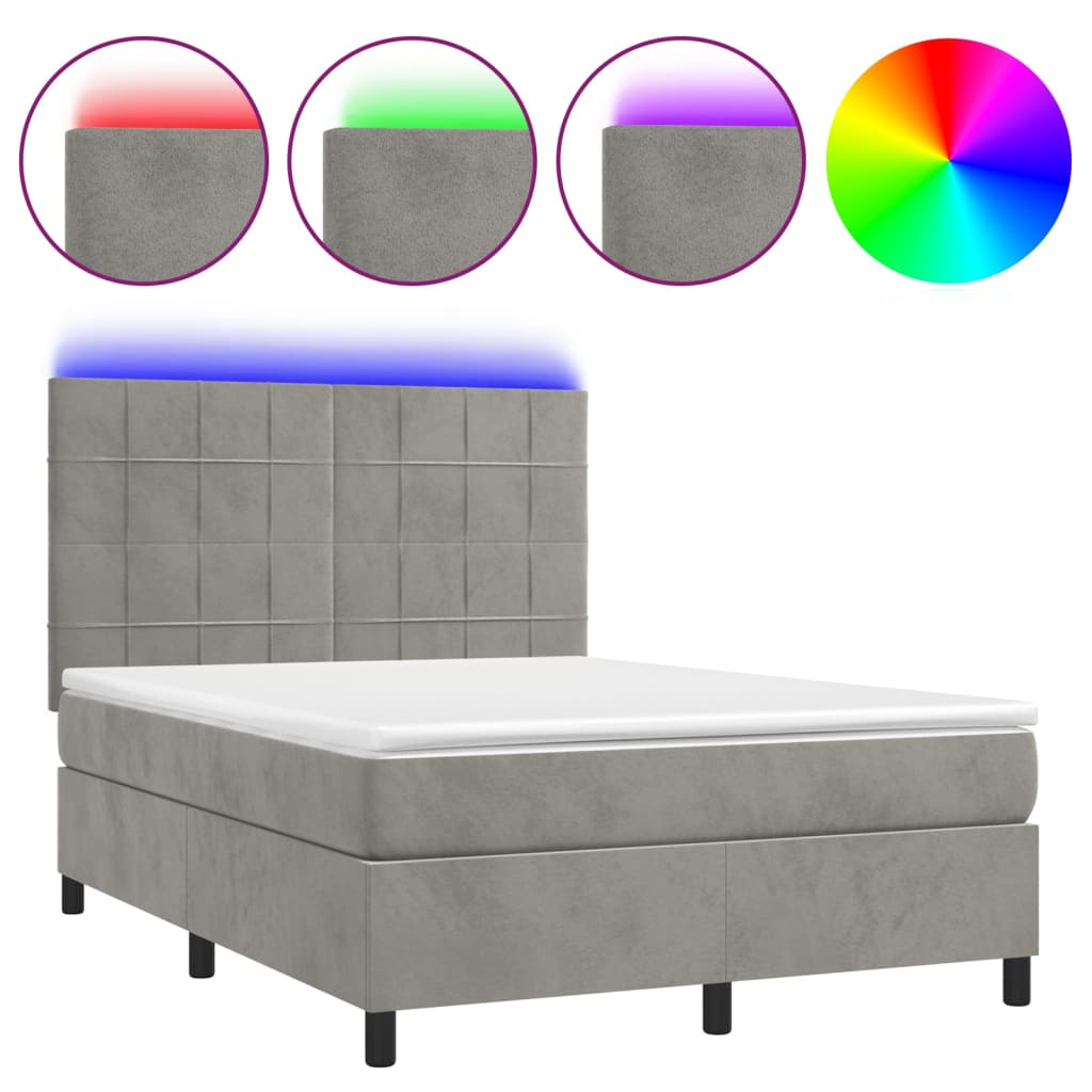 Krevet box spring s madracem LED svjetlosivi 140x190 cm baršun