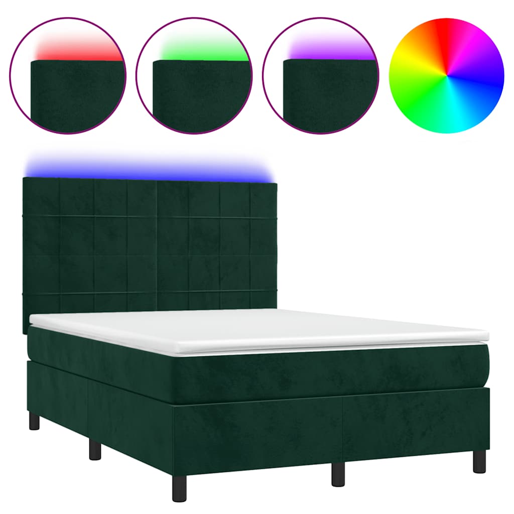 Krevet box spring s madracem LED tamnozeleni 140x190 cm baršun
