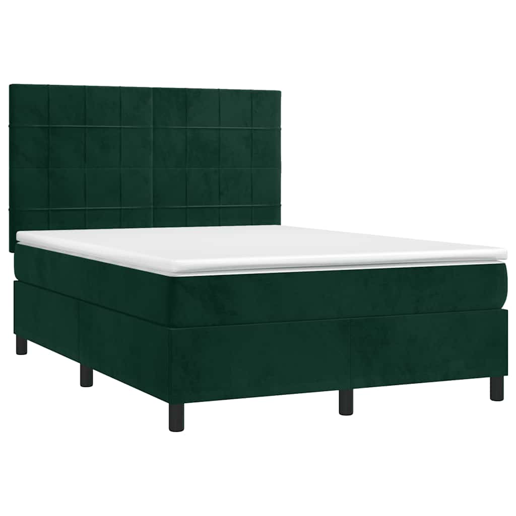 Krevet box spring s madracem LED tamnozeleni 140x190 cm baršun