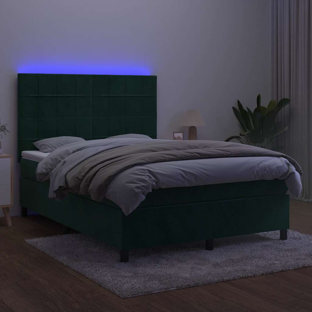 Krevet box spring s madracem LED tamnozeleni 140x190 cm baršun