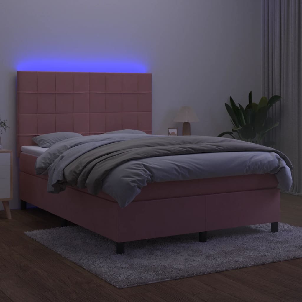 Krevet box spring s madracem LED ružičasti 140x190cm baršunasti