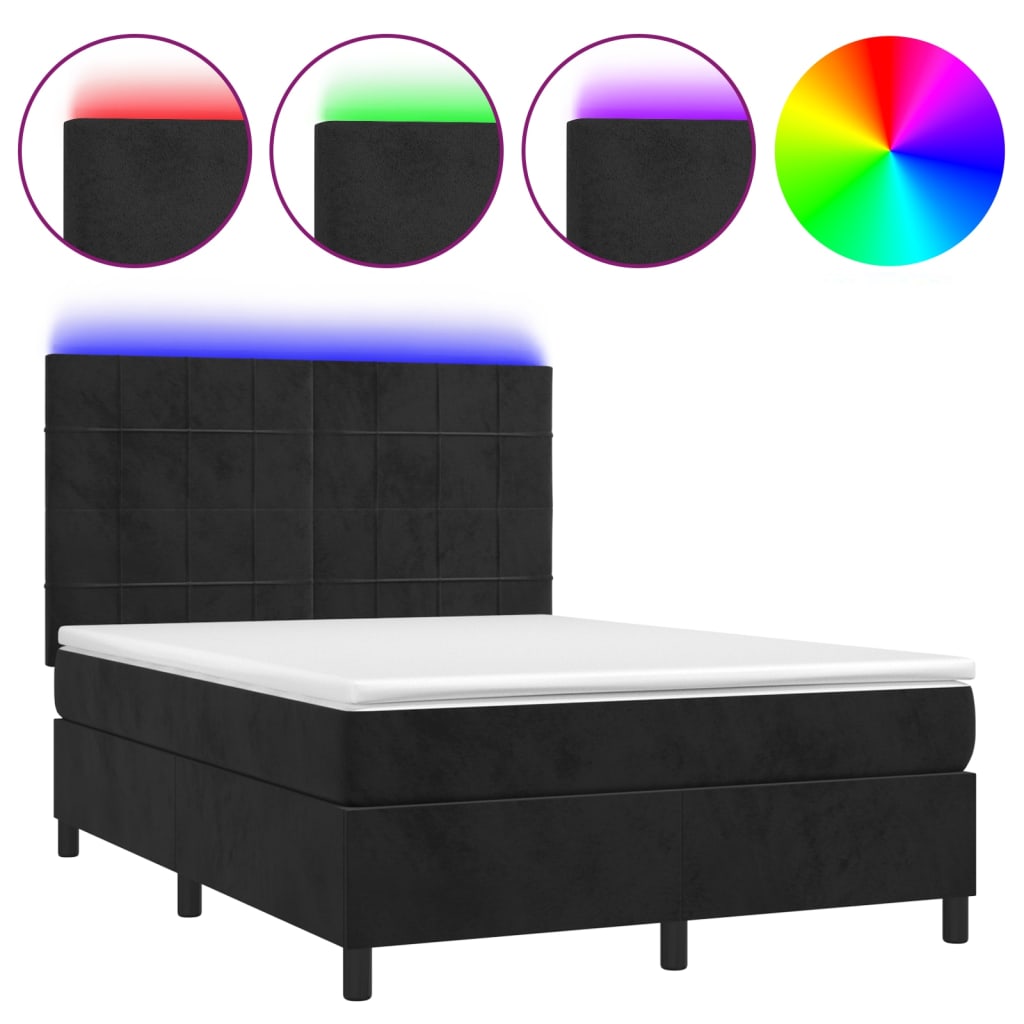 Krevet box spring s madracem LED crni 140x200 cm baršun