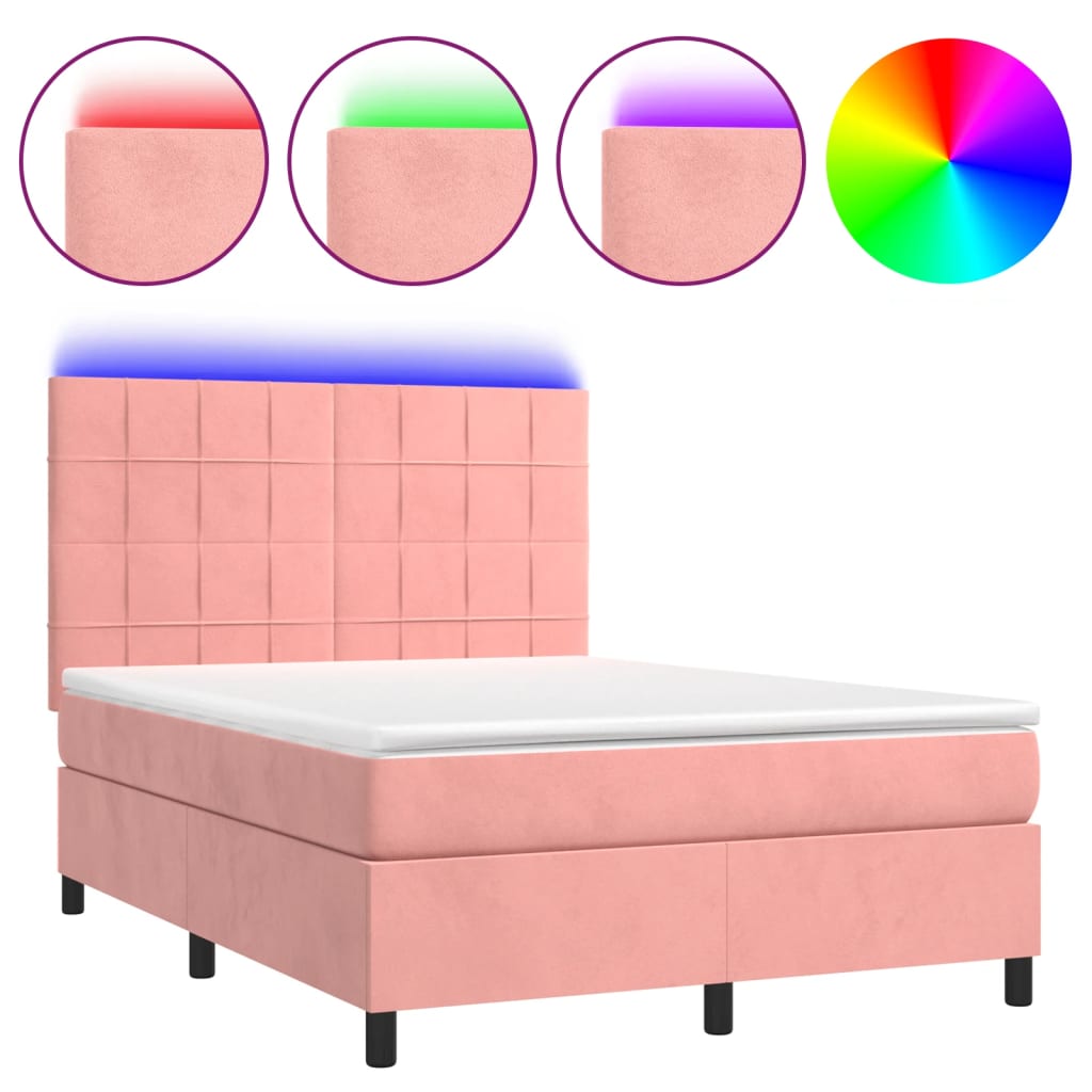 Krevet box spring s madracem LED ružičasti 140x200cm baršunasti