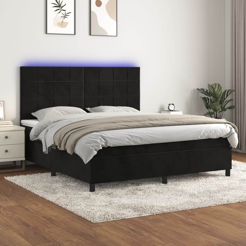 Krevet box spring s madracem LED crni 160x200 cm baršun