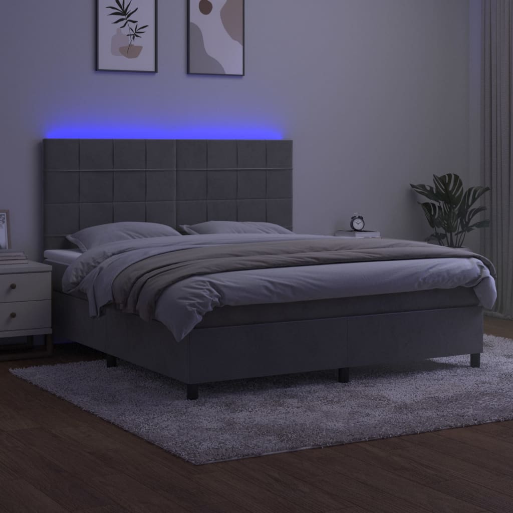 Krevet box spring s madracem LED svjetlosivi 180x200 cm baršun