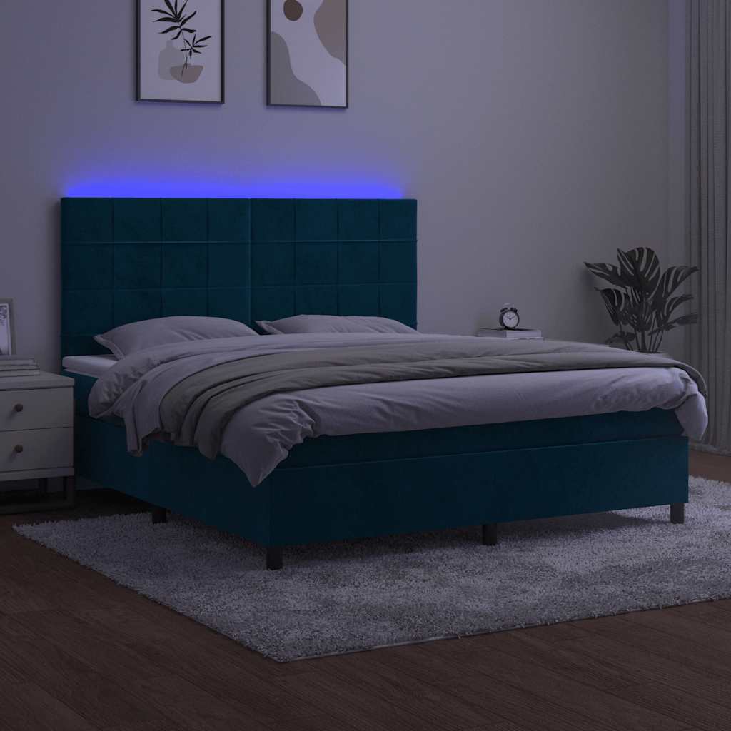 Krevet box spring s madracem LED tamnoplavi 180x200 cm baršun