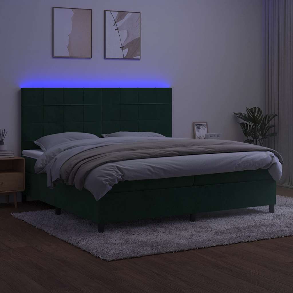 Krevet box spring s madracem LED tamnozeleni 200x200 cm baršun