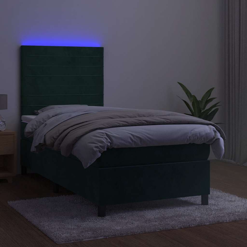 Krevet box spring s madracem LED tamnozeleni 90x190 cm baršun