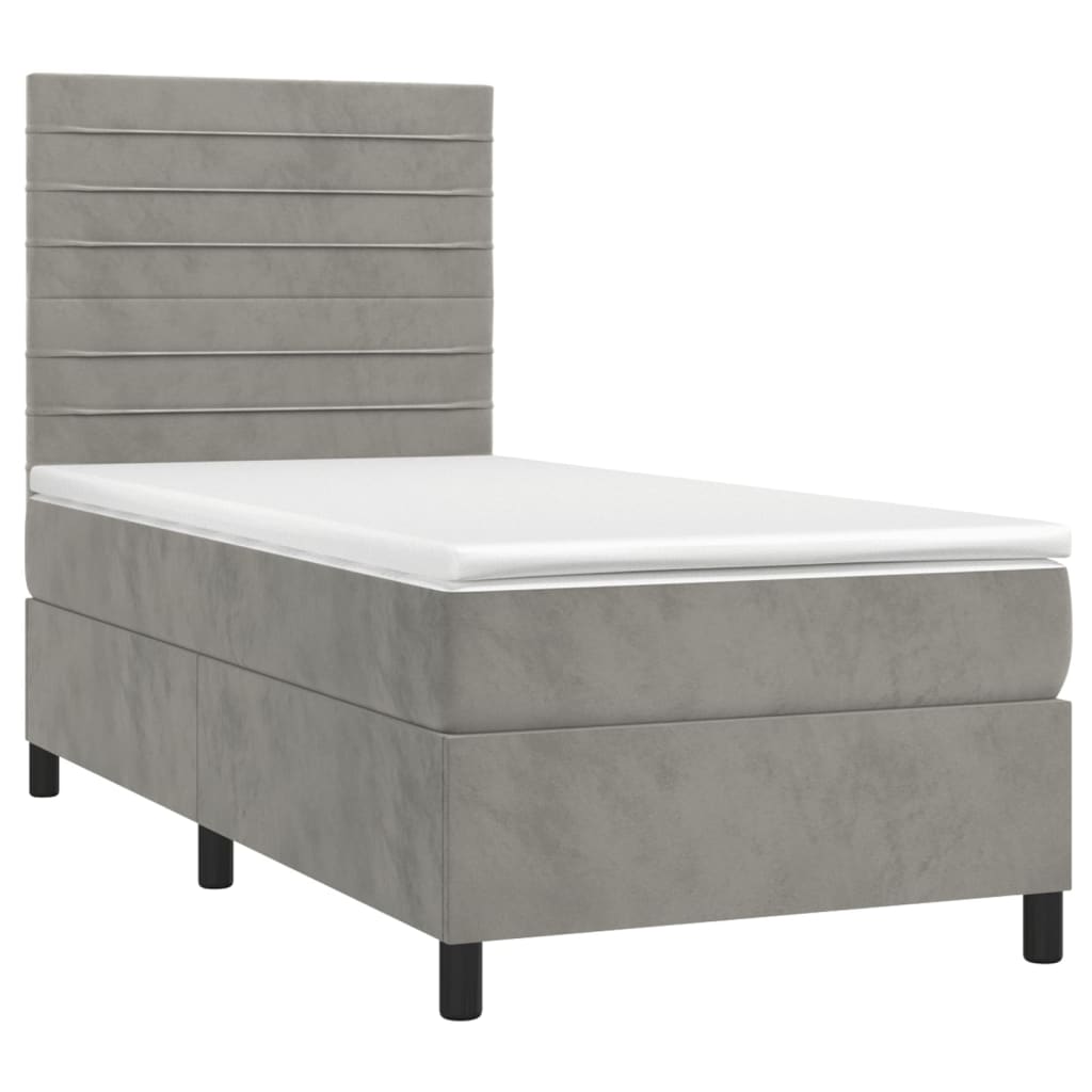 Krevet box spring s madracem LED svjetlosivi 90x200 cm baršun