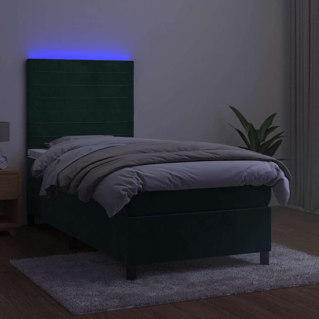 Krevet box spring s madracem LED tamnozeleni 90x200 cm baršun