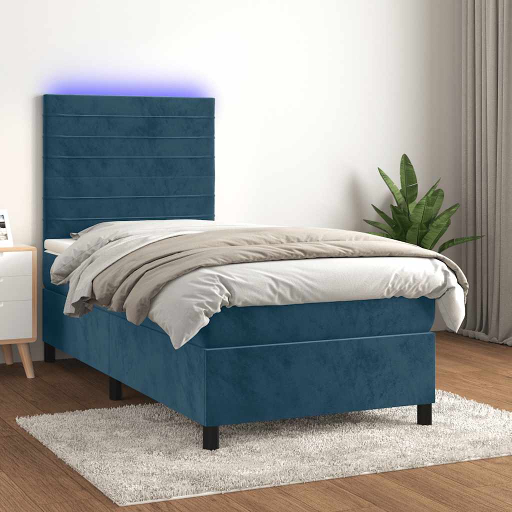 Krevet box spring s madracem LED tamnoplavi 90x200 cm baršun