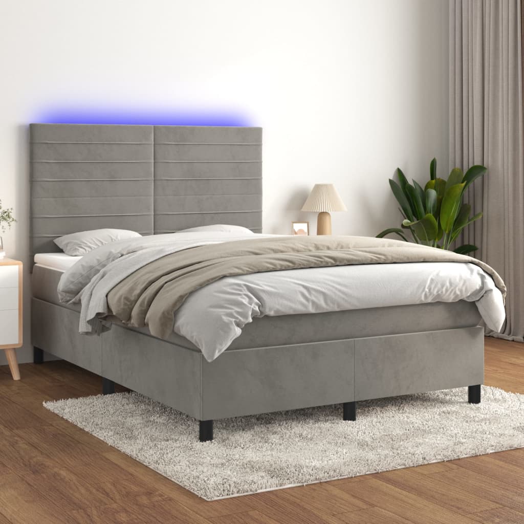 Krevet box spring s madracem LED svjetlosivi 140x190 cm baršun
