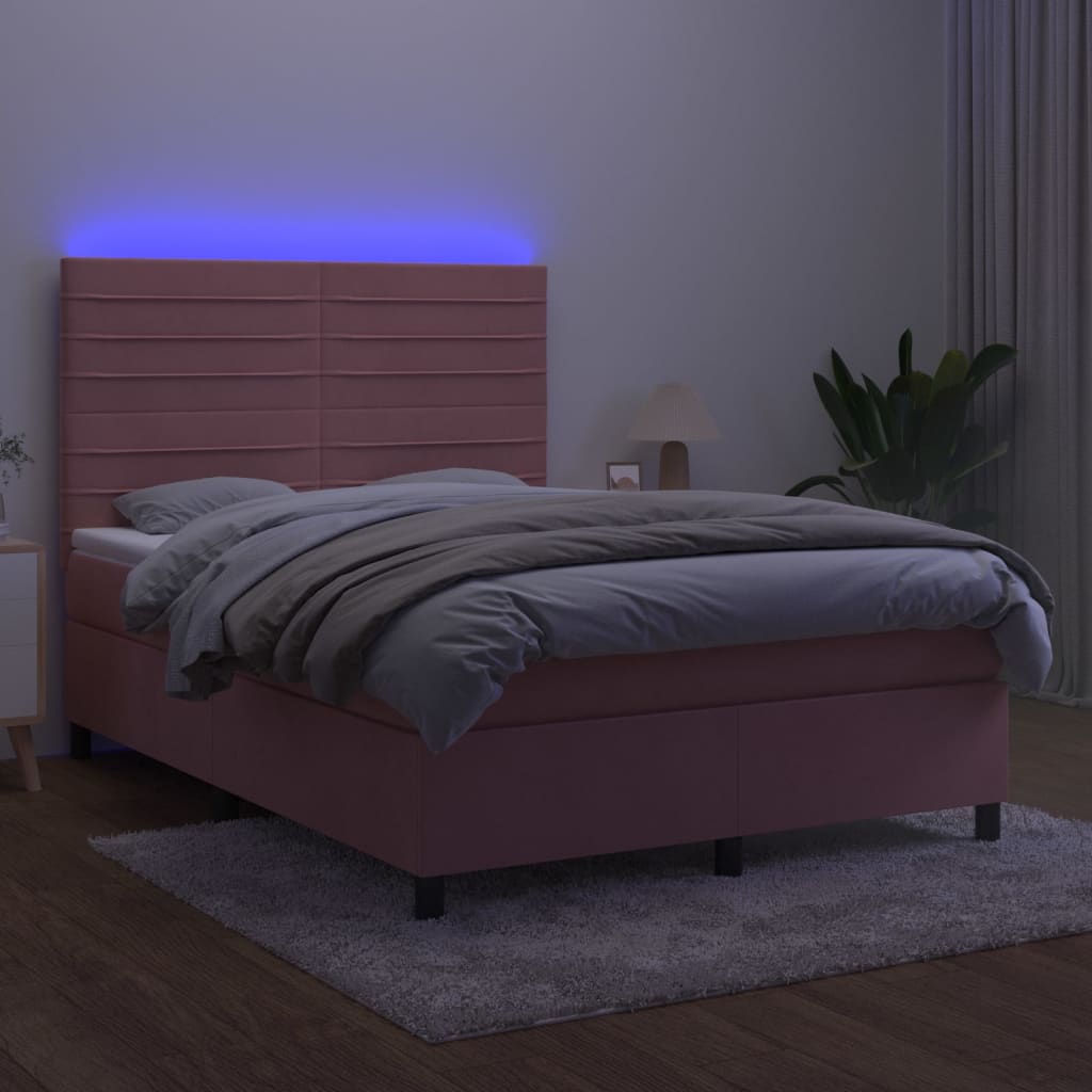 Krevet box spring s madracem LED ružičasti 140x190cm baršunasti