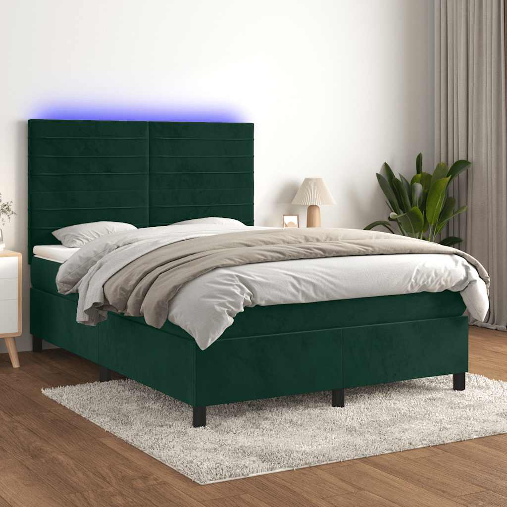 Krevet box spring s madracem LED tamnozeleni 140x200 cm baršun
