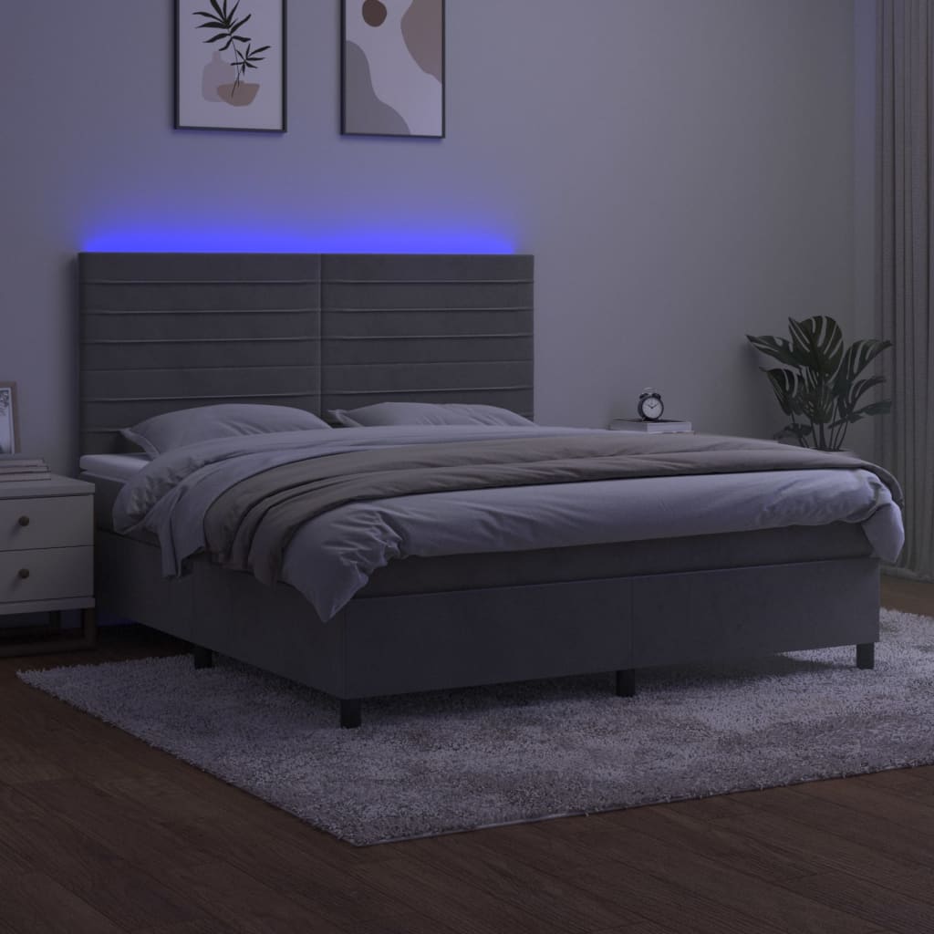 Krevet box spring s madracem LED svjetlosivi 160x200 cm baršun