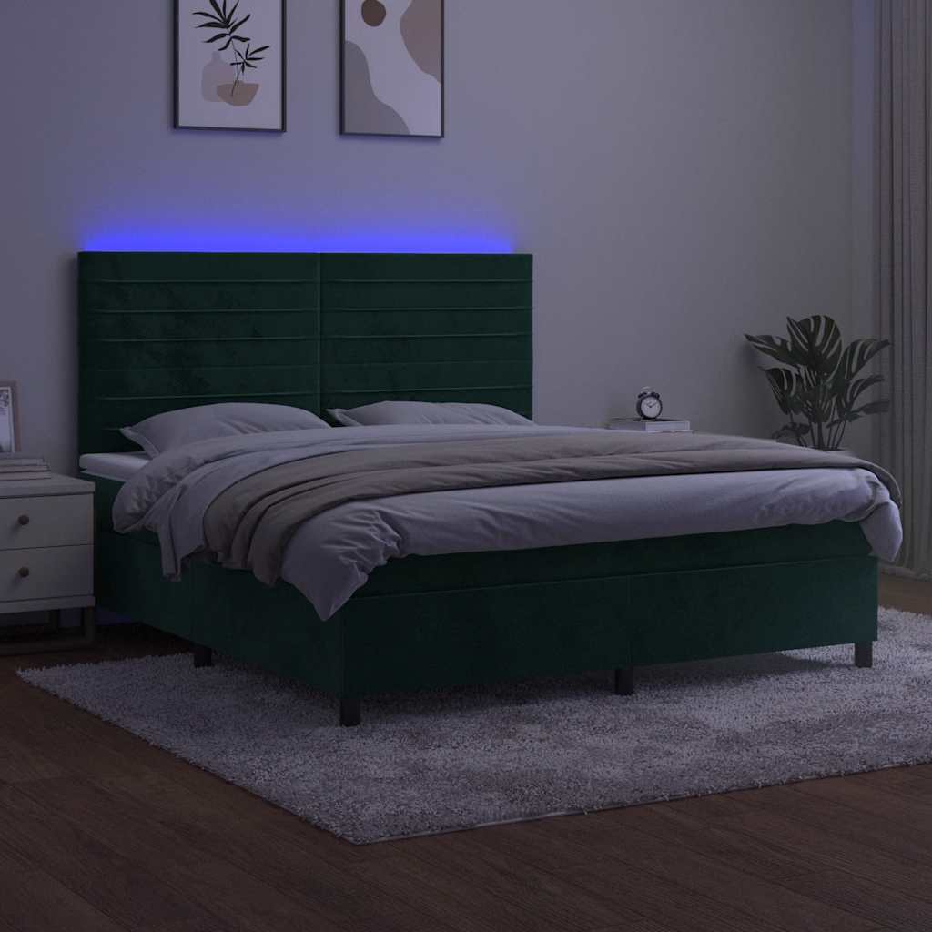 Krevet box spring s madracem LED tamnozeleni 160x200 cm baršun