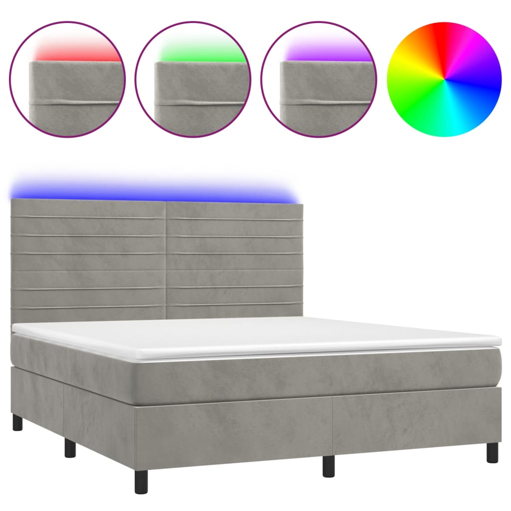 Krevet box spring s madracem LED svjetlosivi 180x200 cm baršun