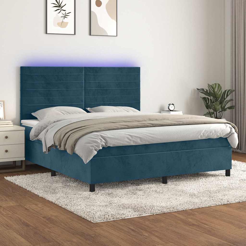 Krevet box spring s madracem LED tamnoplavi 180x200 cm baršun