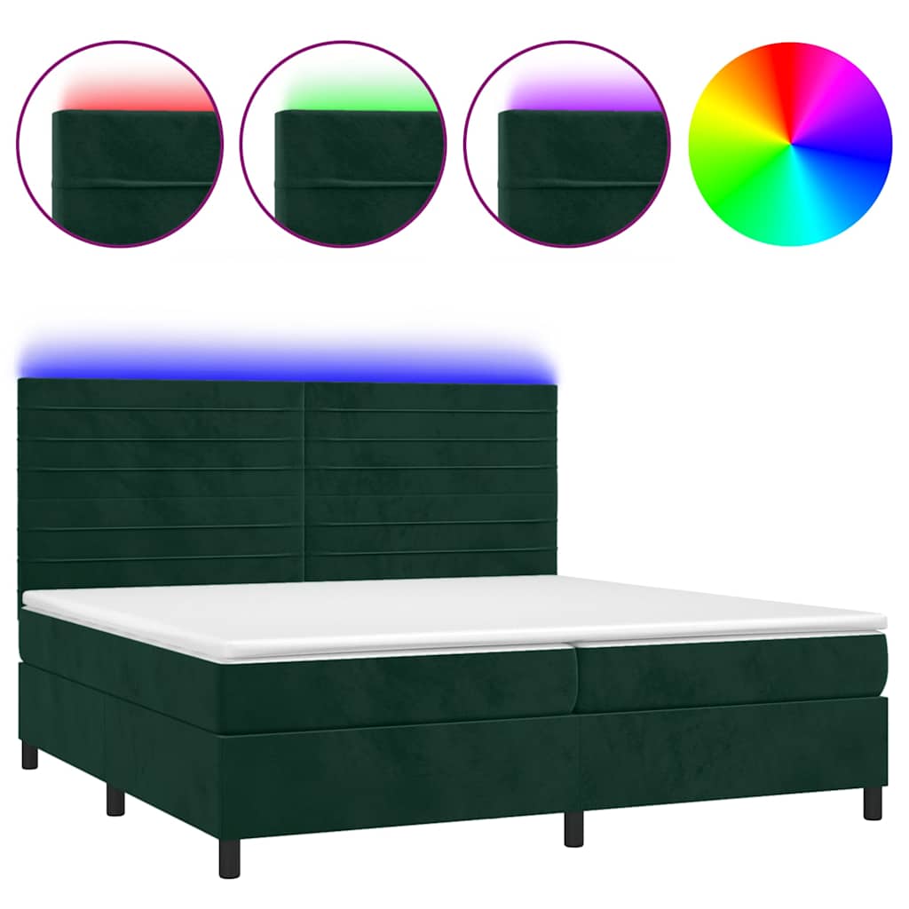 Krevet box spring s madracem LED tamnozeleni 200x200 cm baršun