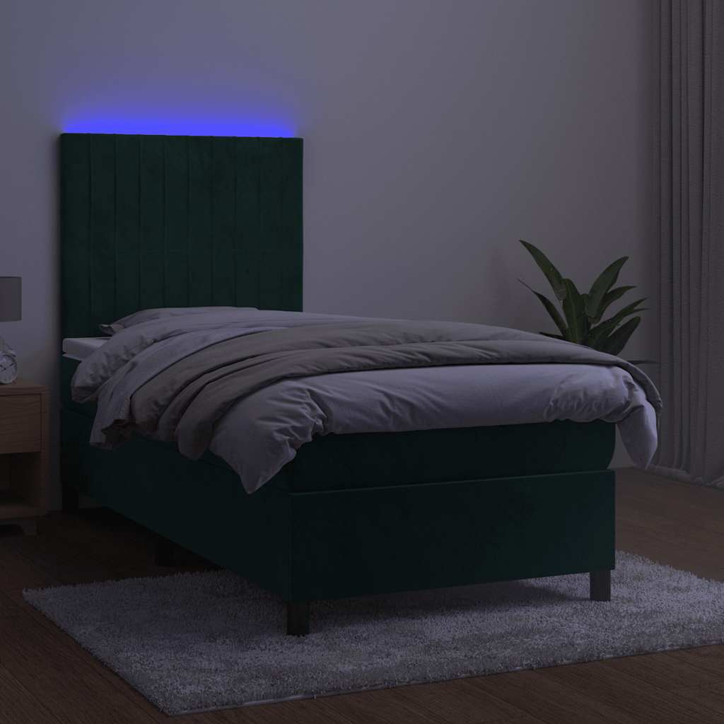 Krevet box spring s madracem LED tamnozeleni 90x190 cm baršun