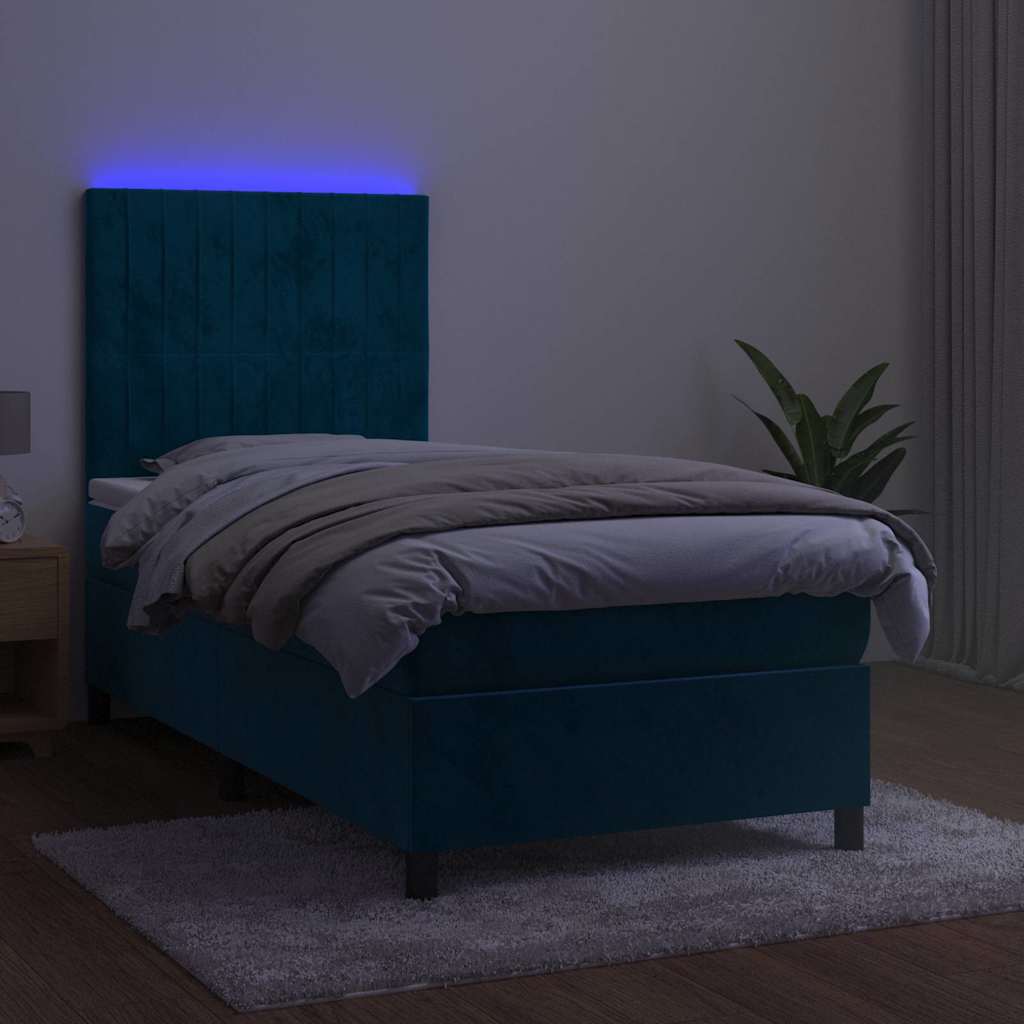 Krevet box spring s madracem LED tamnoplavi 90x200 cm baršun