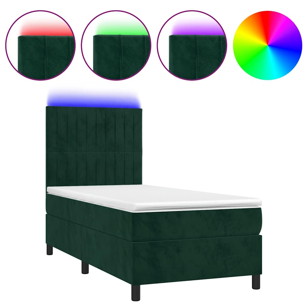 Krevet box spring s madracem LED tamnozeleni 100x200 cm baršun