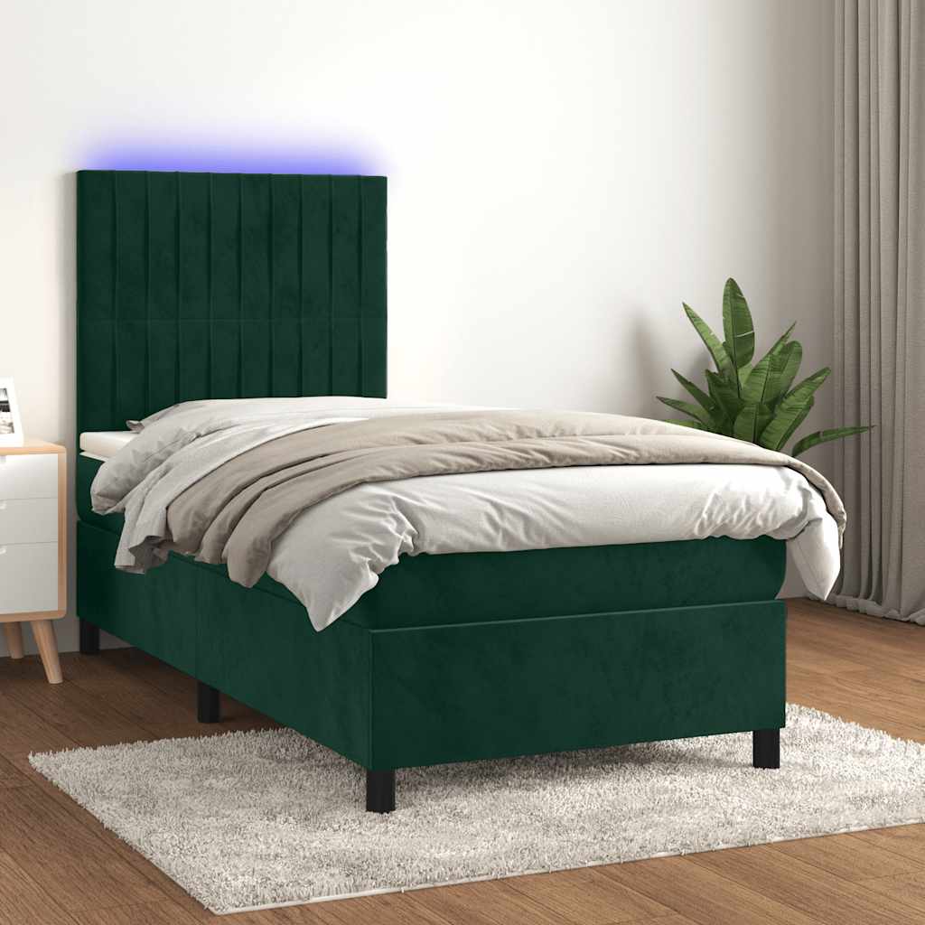 Krevet box spring s madracem LED tamnozeleni 100x200 cm baršun