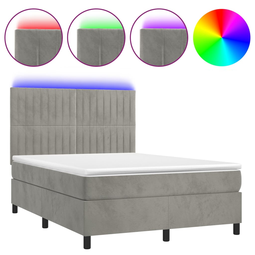 Krevet box spring s madracem LED svjetlosivi 140x190 cm baršun
