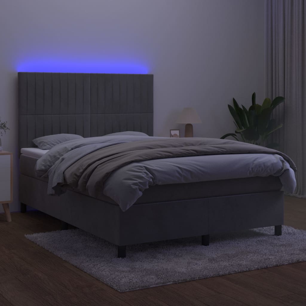 Krevet box spring s madracem LED svjetlosivi 140x200 cm baršun
