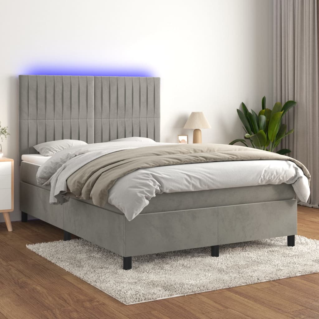 Krevet box spring s madracem LED svjetlosivi 140x200 cm baršun
