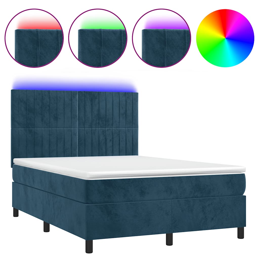 Krevet box spring s madracem LED tamnoplavi 140x200 cm baršun