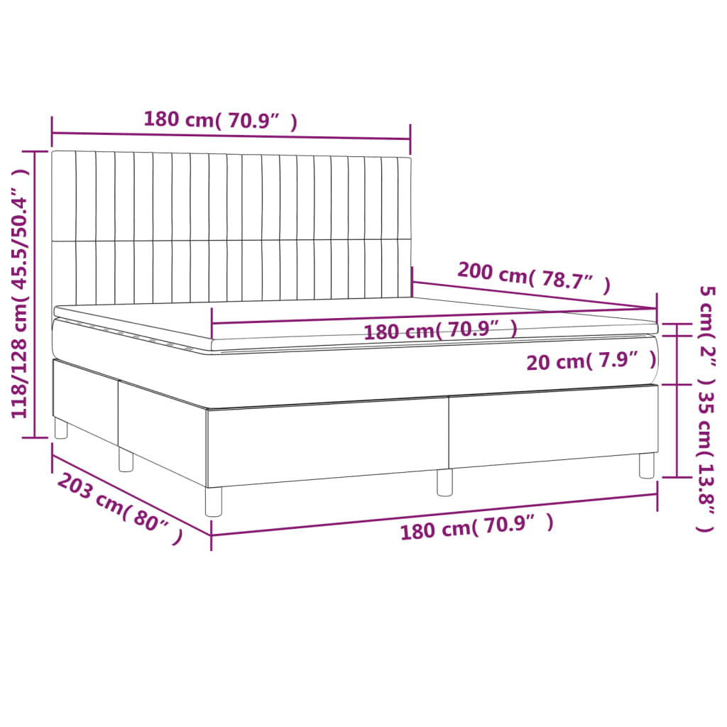 Krevet box spring s madracem LED svjetlosivi 180x200 cm baršun