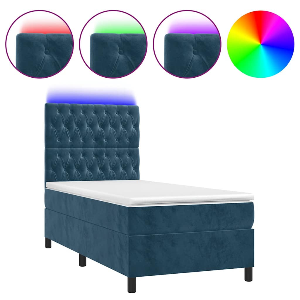 Krevet box spring s madracem LED tamnoplavi 90x190 cm baršun