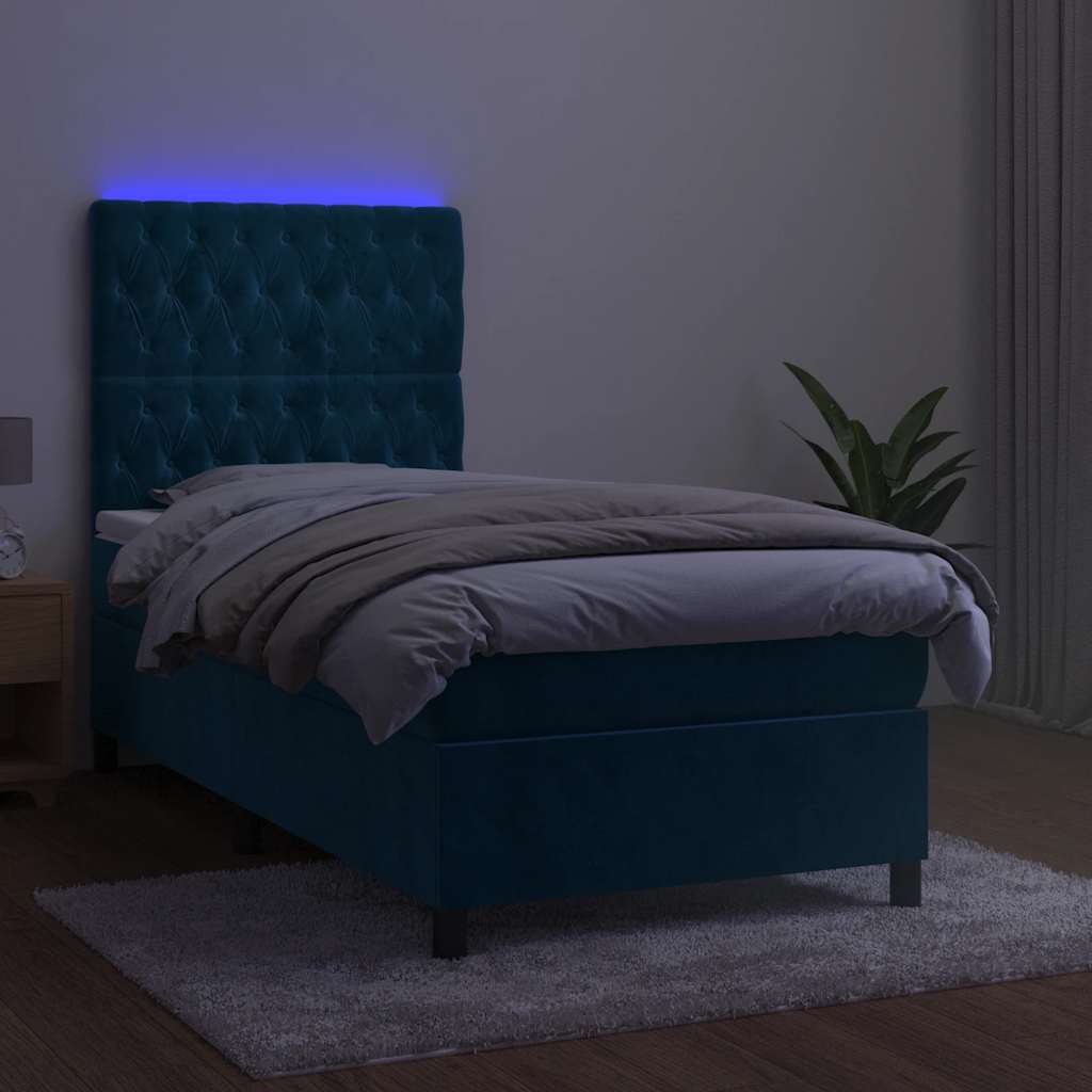 Krevet box spring s madracem LED tamnoplavi 90x190 cm baršun