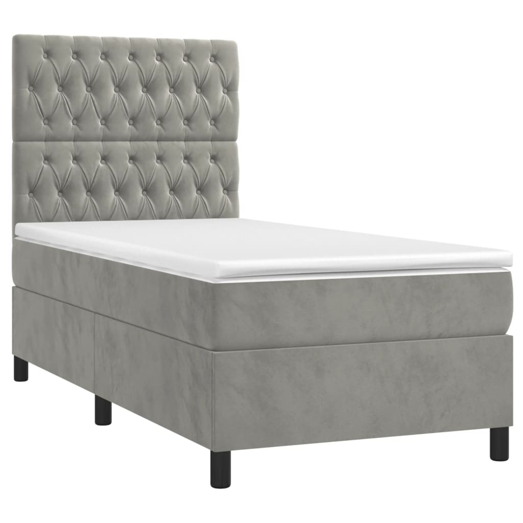 Krevet box spring s madracem LED svjetlosivi 90x200 cm baršun