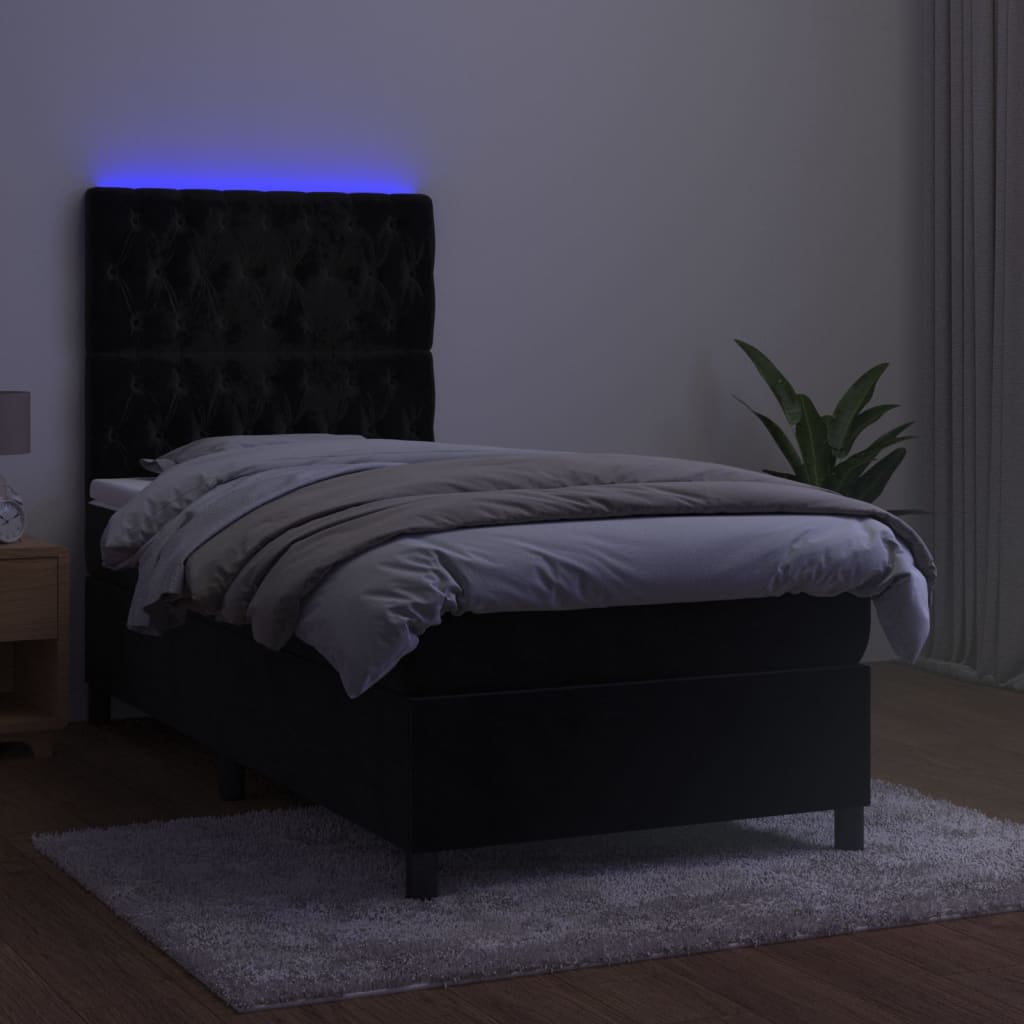 Krevet box spring s madracem LED crni 90x200 cm baršun