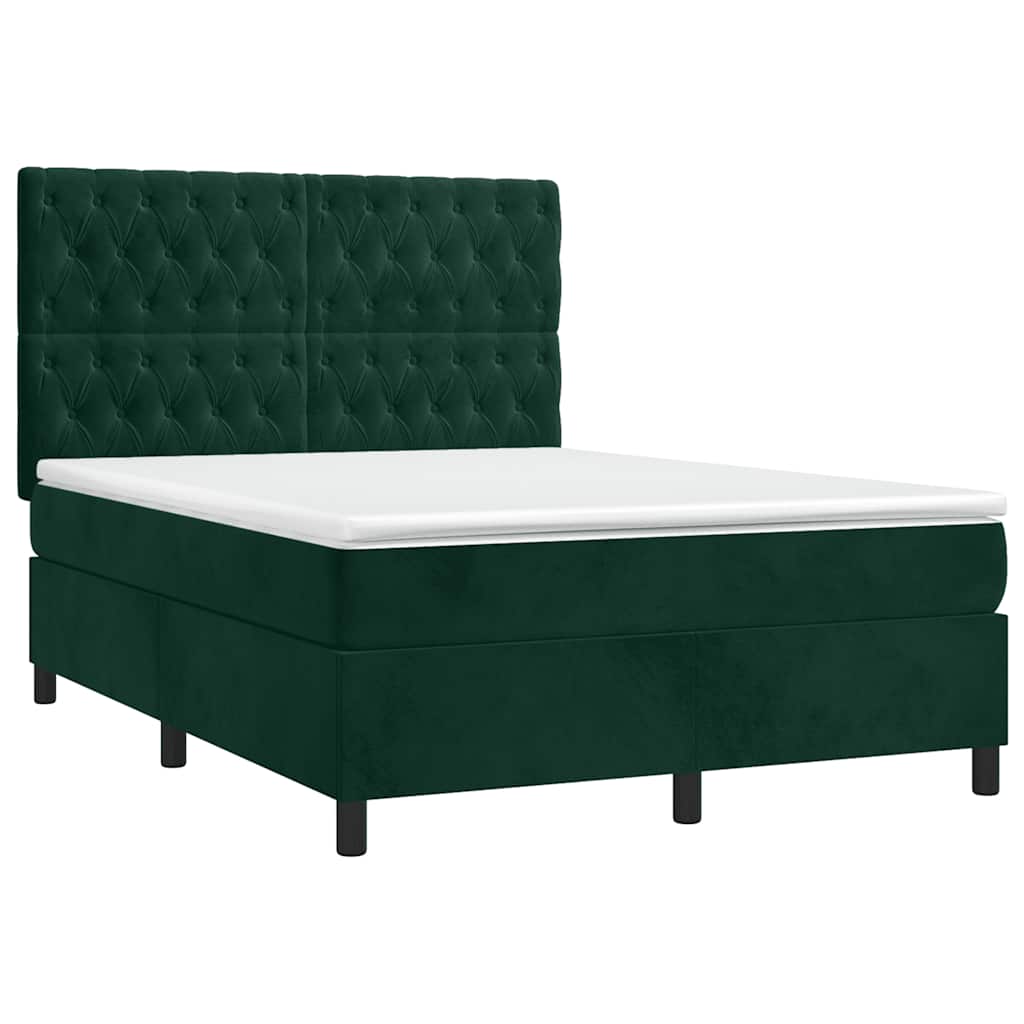 Krevet box spring s madracem LED tamnozeleni 140x190 cm baršun