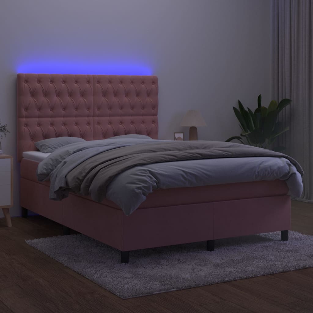 Krevet box spring s madracem LED ružičasti 140x200cm baršunasti