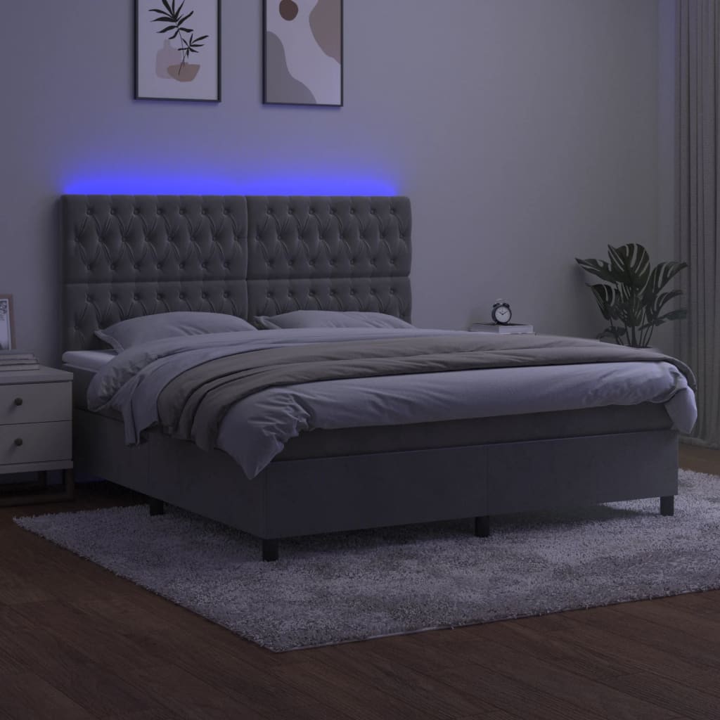 Krevet box spring s madracem LED svjetlosivi 160x200 cm baršun