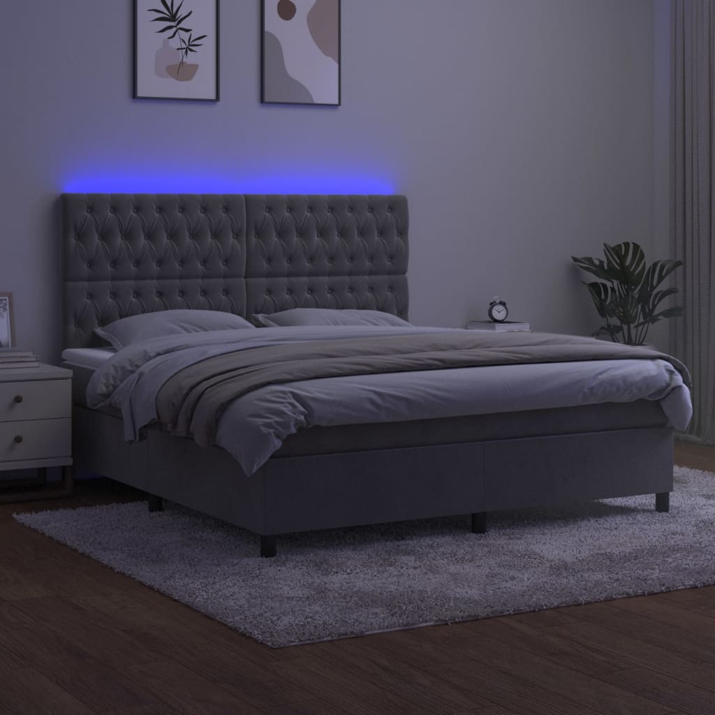 Krevet box spring s madracem LED svjetlosivi 180x200 cm baršun