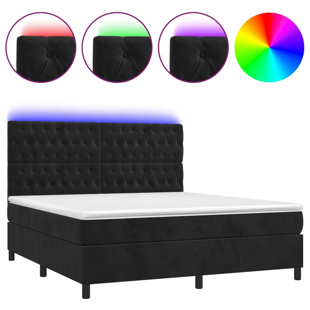 Krevet box spring s madracem LED crni 180x200 cm baršun