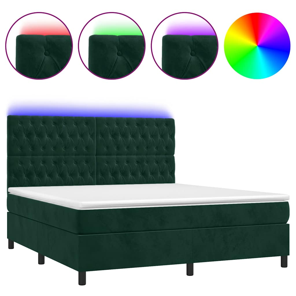 Krevet box spring s madracem LED tamnozeleni 180x200 cm baršun